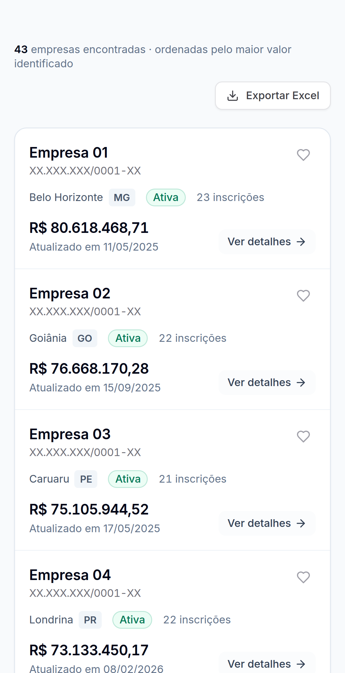 Lista de empresas do ART no celular, com valor identificado por empresa